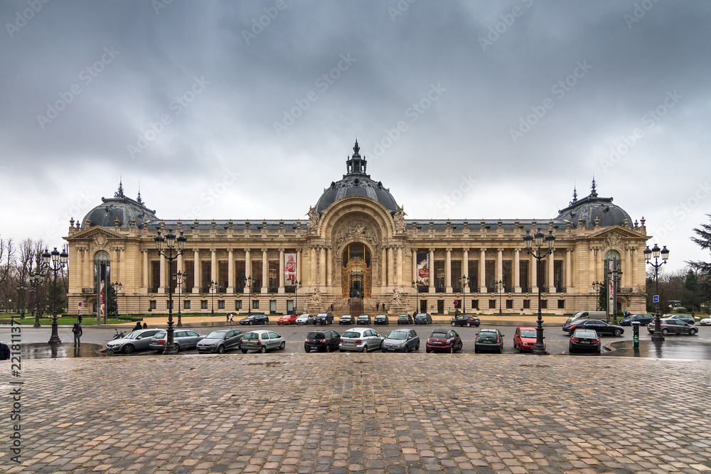 Facade of the Great Palace (Grand Palais) on a cloudy day in Paris, France, on February 20, 2014