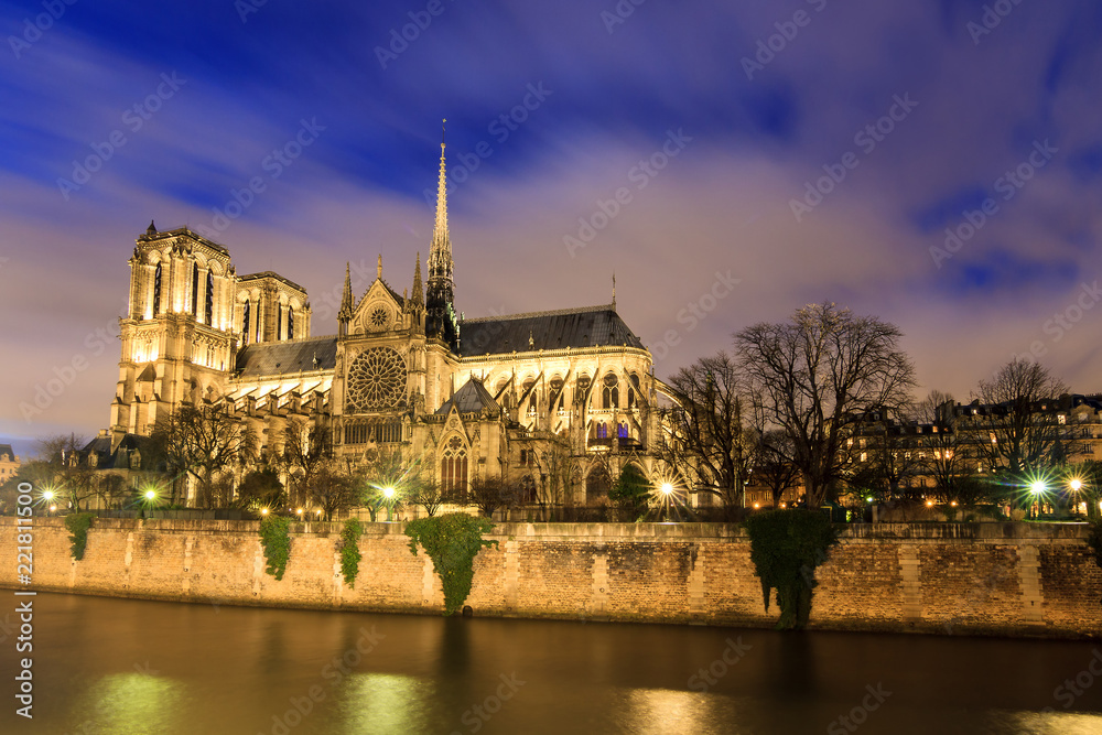Beautiful view of the river Seine with the Notre-Dame Cathedral in Paris at night