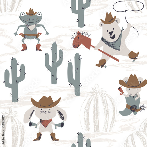 Western animal baby seamless pattern. Wild west bunny, mouse, bear, frog with hat, boot, gun