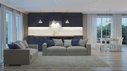 The modern interior of the house with a dark purple kitchen. Night. Evening lighting. 3D rendering.