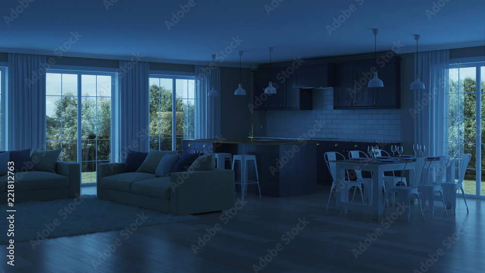 The modern interior of the house with a dark purple kitchen. Night. Evening lighting. 3D rendering.