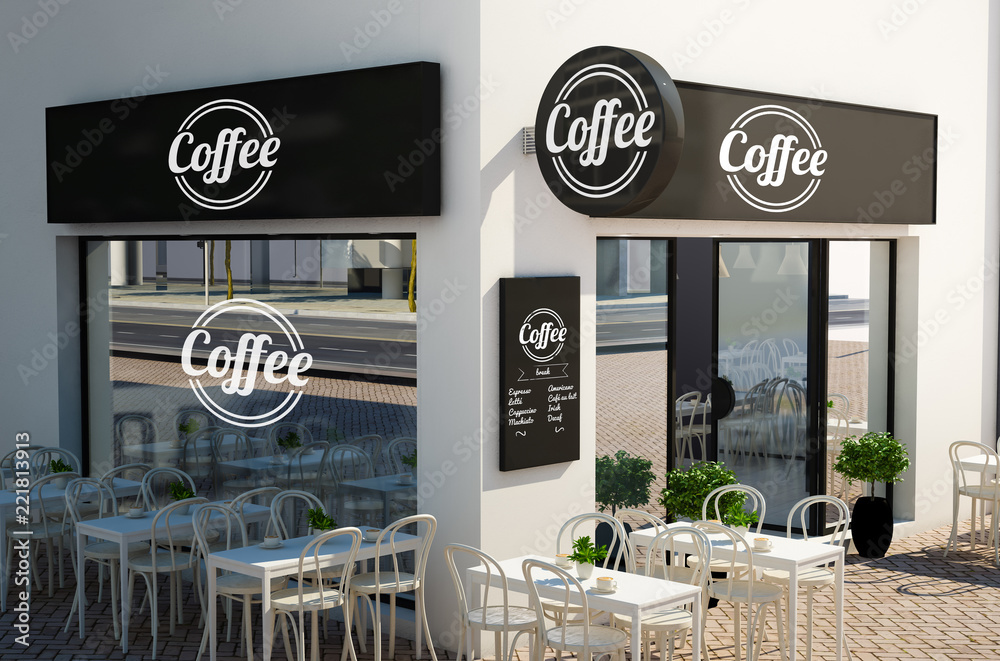 coffee shop facade with signboards and branding elements mockup