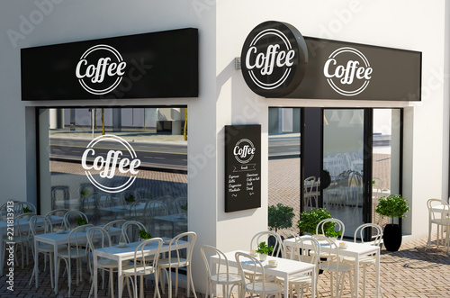 coffee shop facade with signboards and branding elements mockup photo