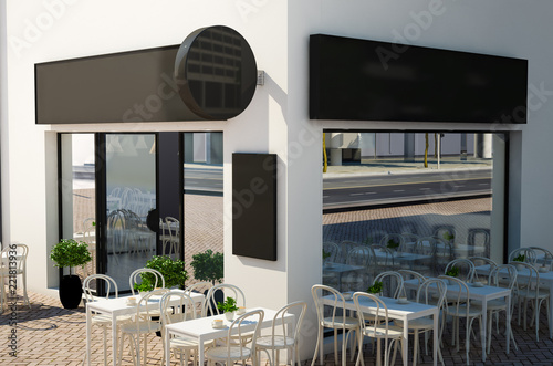 coffee shop facade with signboards mockup photo