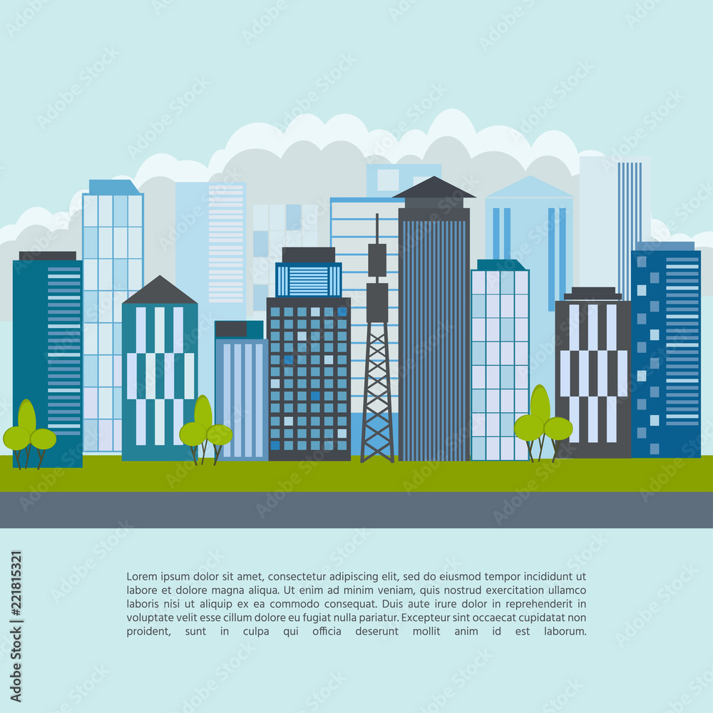 City landscape with high skyscrapers, buildings and transport. Vector illustration.