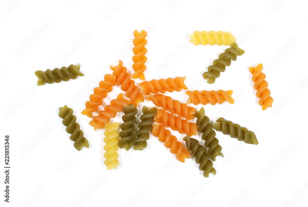 Colorful Italian spiral shaped pasta, macaroni, isolated on white background, top view