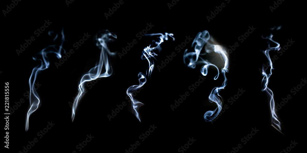 Smoke or fog steam set on black color background . Hazy steam curls for ...