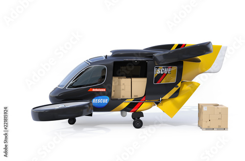 Fototapeta Naklejka Na Ścianę i Meble -  Side view of self-driving Rescue Drone parking on the ground with sliding door and rear hatch opened. Relief supplies in the drone. 3D rendering image.