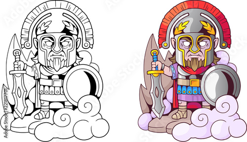 cartoon ancient greek god ares with sword in hand, funny illustration coloring book

