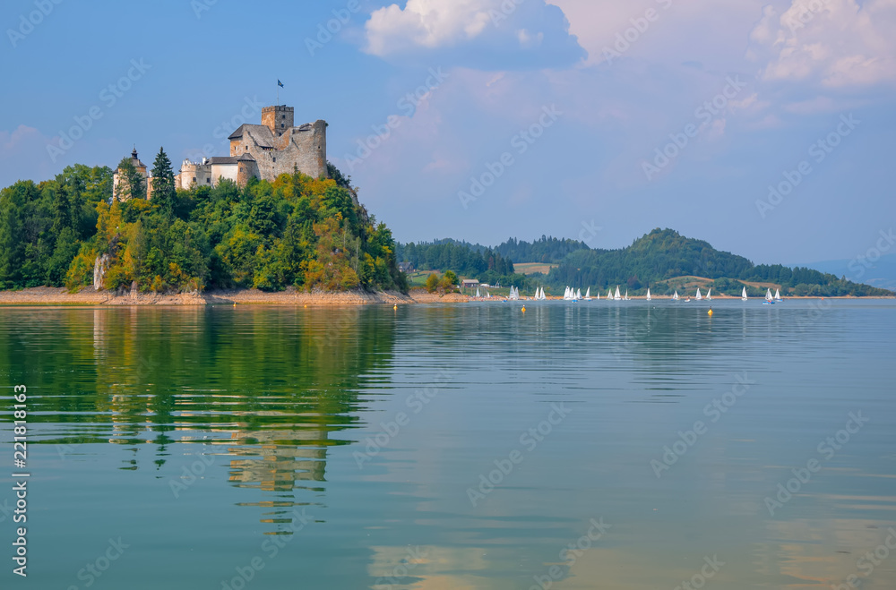 Scenic view of Niedzica Castle and artificial Czorsztynskie Lake in Southern Poland