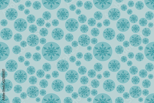 Snowflakes in blue circles as winter holidays decoration design for wrapping gift wallpaper seamless pattern. Merry christmas and happy new year concept.