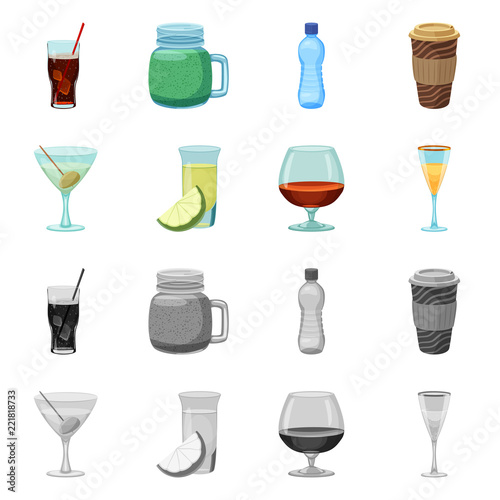 Vector illustration of drink and bar logo. Set of drink and party stock symbol for web.