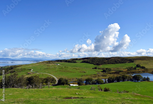 View from the top of the hill. The nature of Norway. The island of Rennesoy.View of the sea. Blue sky. Sunny day. photo