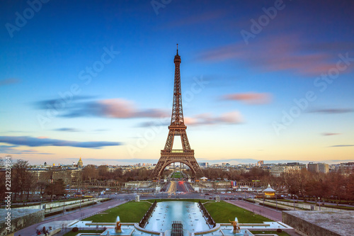 Beautiful view of the Eiffel tower in Paris, France, at sunset 