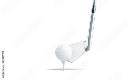 Blank white golf ball on tee with stick mockup, 3d rendering. Empty golfing equipment mock up, stand isolated. Clear bandy and sport bal, front view. Plastic sphere hit template