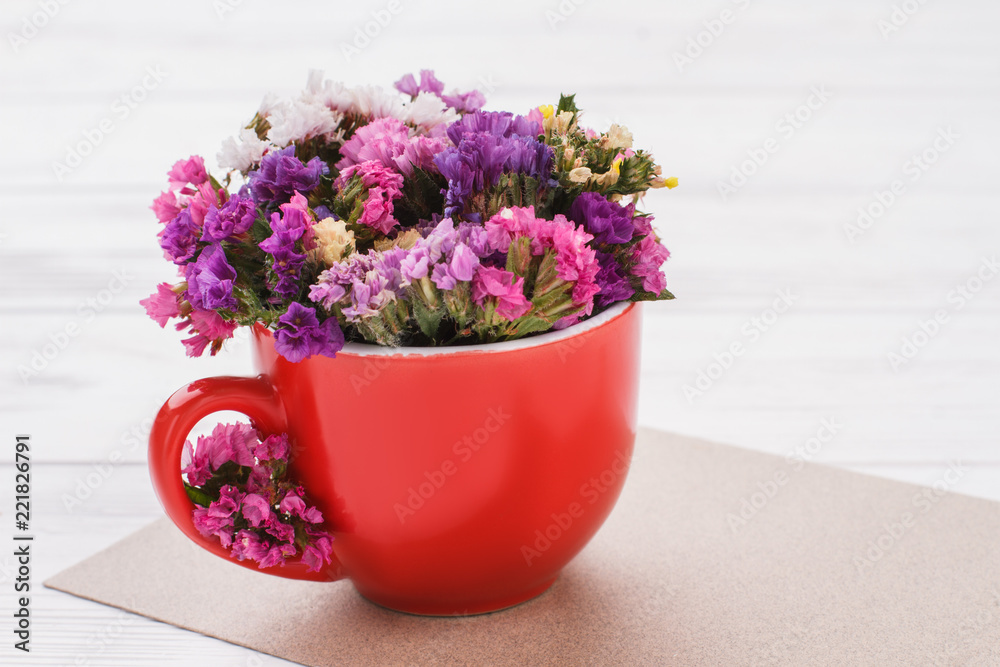 Colorful statice flowers close up. White wooden table background.