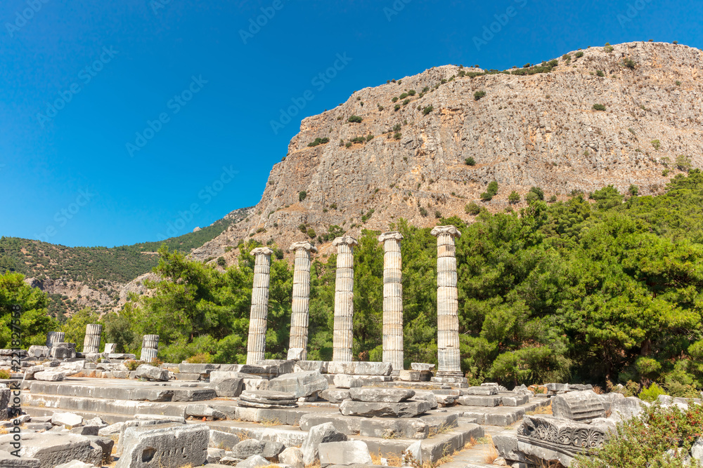 Ruins of the Athena Temple in ancient city of Priene destroyed by an earthquake.