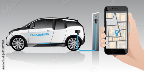 Hand with phone on a background of white carsharing electric car with charging station. Vector illustration EPS 10