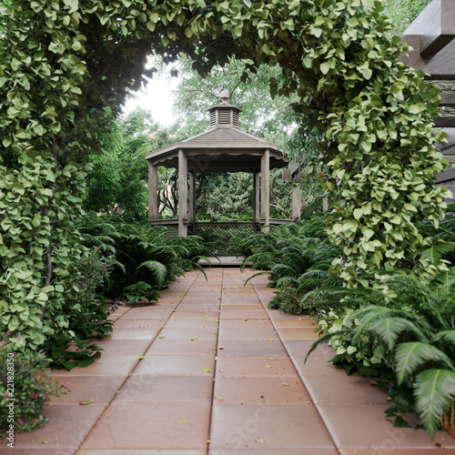 old alcove view with tropical garden after rain concept photo background