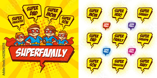 Superhero Family Cartoon character Bubble speech Vector illustration