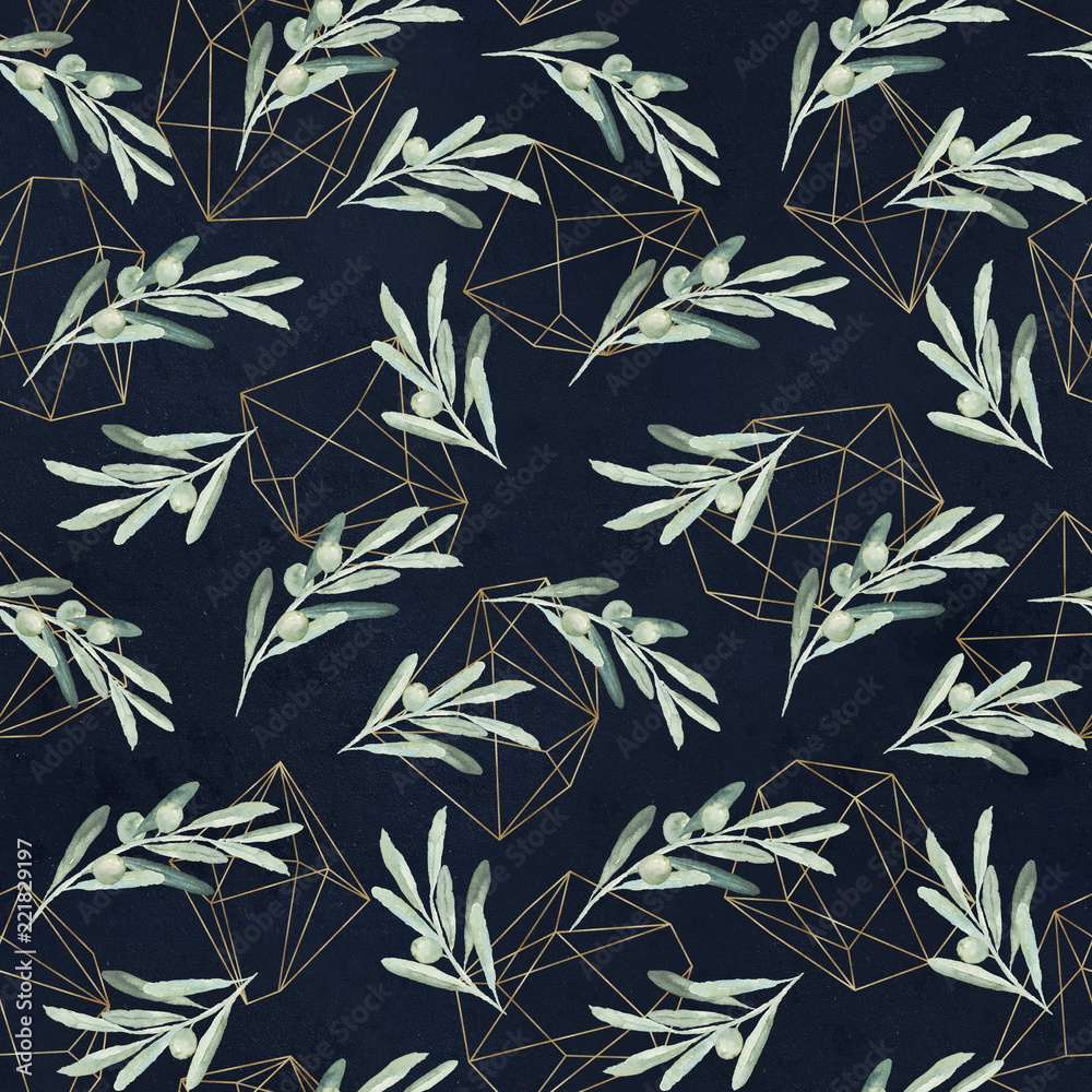 Obraz premium Seamless watercolor olea floral pattern with olive branches, leaves and gold geometric shapes on black background