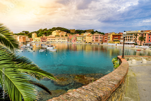Sestri Levante - Paradise Bay of Silence with its boats and its lovely beach. Beautiful coast at Province of Genoa in Liguria, Italy, Europe. photo