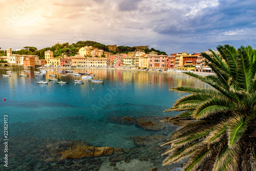 Fototapeta Naklejka Na Ścianę i Meble -  Sestri Levante - Paradise Bay of Silence with its boats and its lovely beach. Beautiful coast at Province of Genoa in Liguria, Italy, Europe.