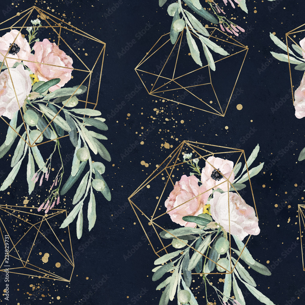 Fototapeta Seamless watercolor olea floral pattern with olive branches, leaves, blush flower bouquets, paint splashes and gold geometric shapes on black background