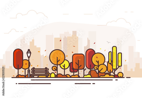 Autumn park. City park bench, lawn and trees. Flat style line vector illustration. On background business city center with skyscrapers. Yellow park in center of town. Parks and recreation concept.