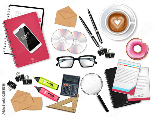 Business desk office set collection Vector realistic. Glasses, bag, gadgets and office supplies 3d detailed illustrations