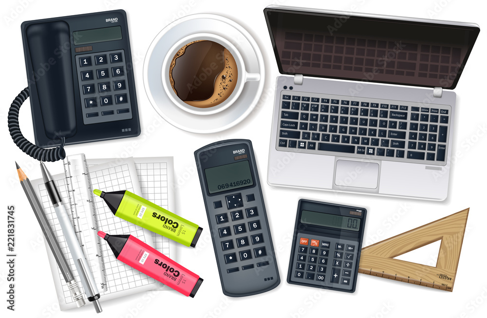 Business desk office set collection Vector realistic. Laptop, cofee, phone and office supplies 3d detailed illustrations Business desk office set collection Vector realistic. Laptop, cofee, phone and office supplies 3d detailed illustrations