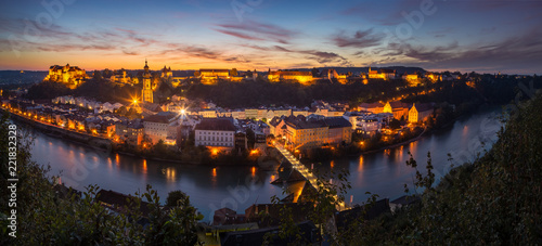 Panoramic image of Burghausen city with the longest castle of the world shot at blue hour photo