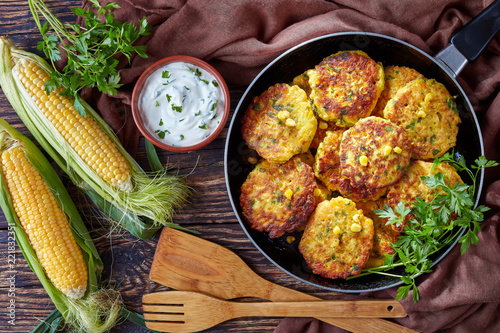 corn fritters and yogurt dipping sauce
