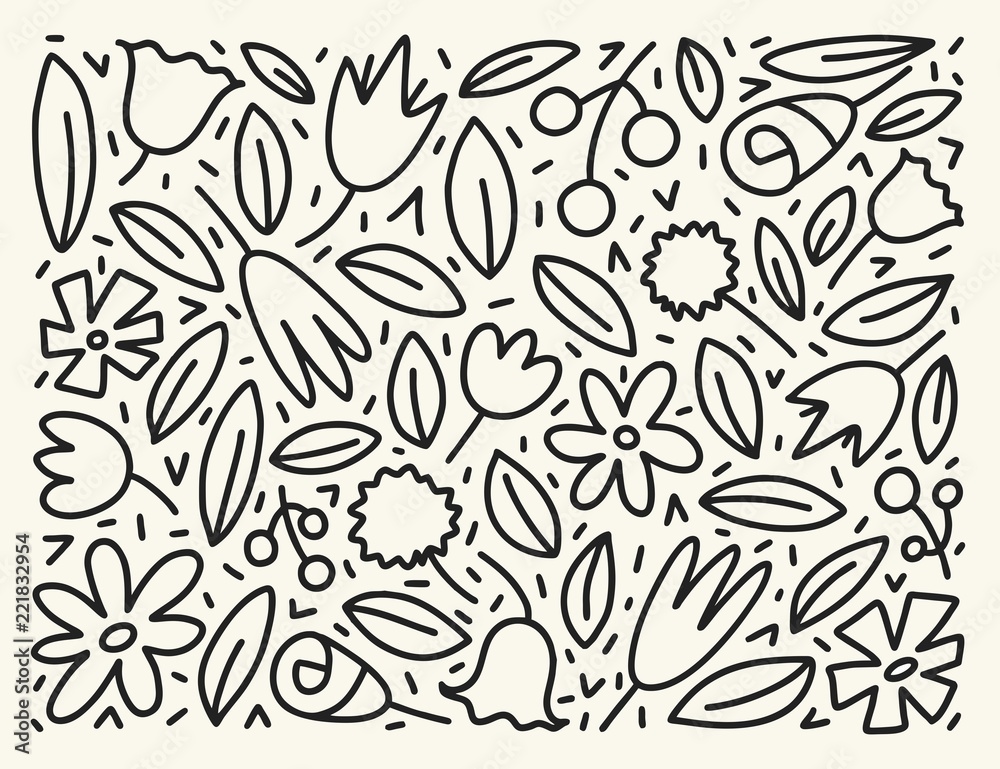 Fototapeta premium Doodle simple vector hand drawn pattern with leafs and flowers. Nature outline background