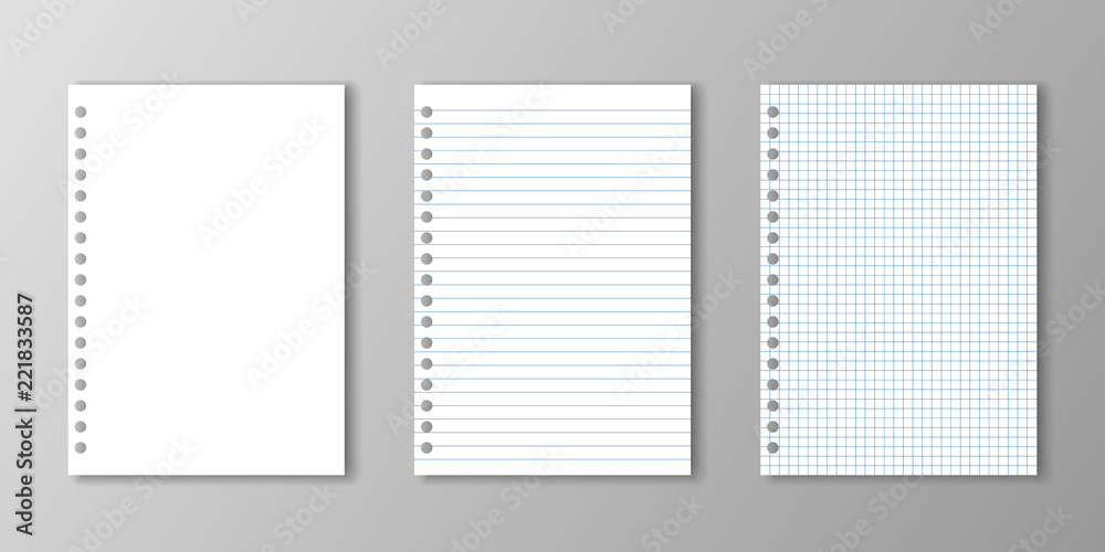 Blank paper, lined paper and square paper with holes on grey background. Blank paper, lined paper and square paper with holes on grey background.
