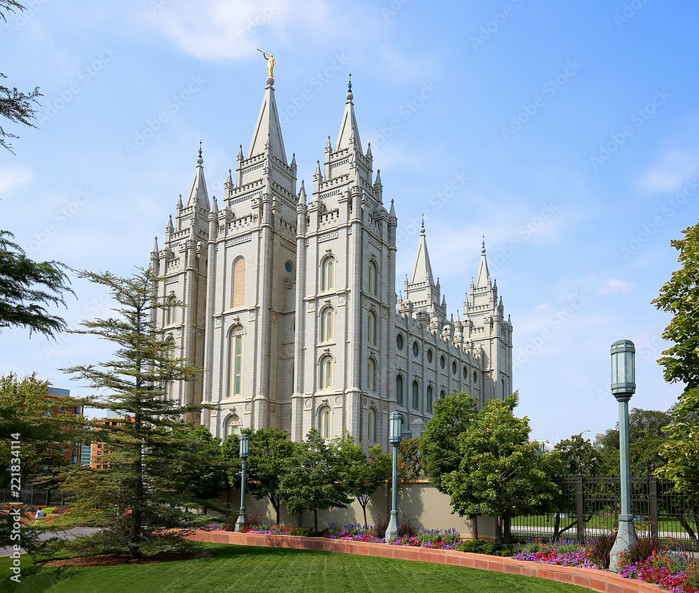 Fototapeta premium Temple Square, a granite structure that took 40 years to complete, and is a popular tourist destination. Temple Square is own by The Church of Jesus Christ of Latter-day Saints, Salt Lake City, Utah.