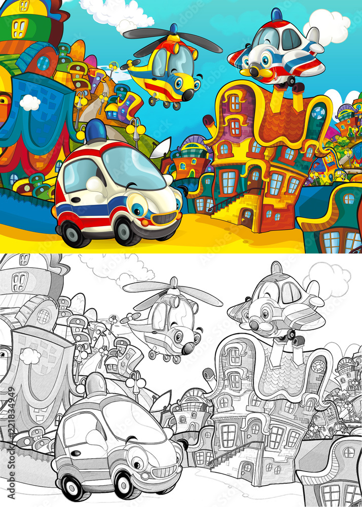 cartoon scene with different vehicles in the city car and flying machines - ambulance plane and helicopter - with artistic coloring page - illustration for children