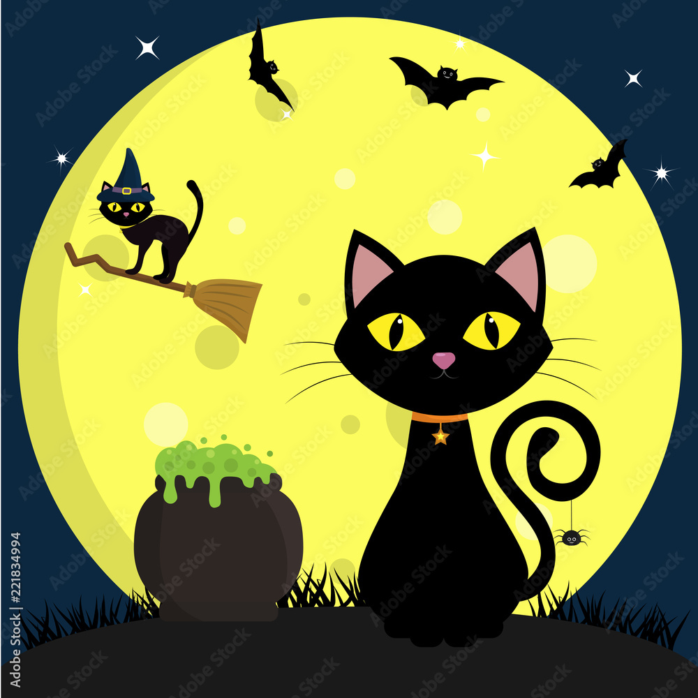 Happy Halloween. A black cat sits next to a pot of potions. Another cat in the hat of a witch flies on a broomstick, against a full moon at night. Flying vampires and stars. Happy Halloween. A black cat sits next to a pot of potions. Another cat in the hat of a witch flies on a broomstick, against a full moon at night. Flying vampires and stars.