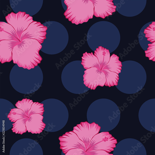 Pink hibiscus abstract seamless blue circles background