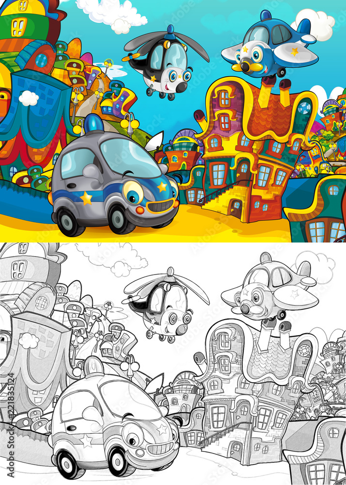 cartoon scene with police car driving police plane and helicopter flying in the city - with artistic coloring page - illustration for children