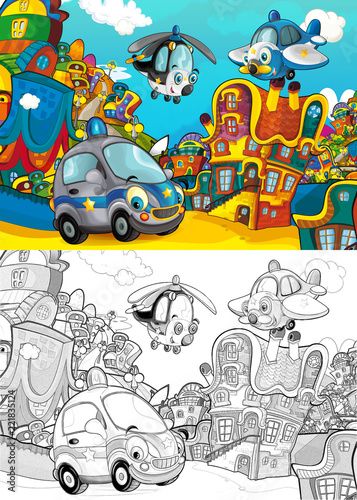 cartoon scene with police car driving police plane and helicopter flying in the city - with artistic coloring page - illustration for children