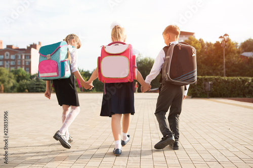 Group of little school kids going to school together.