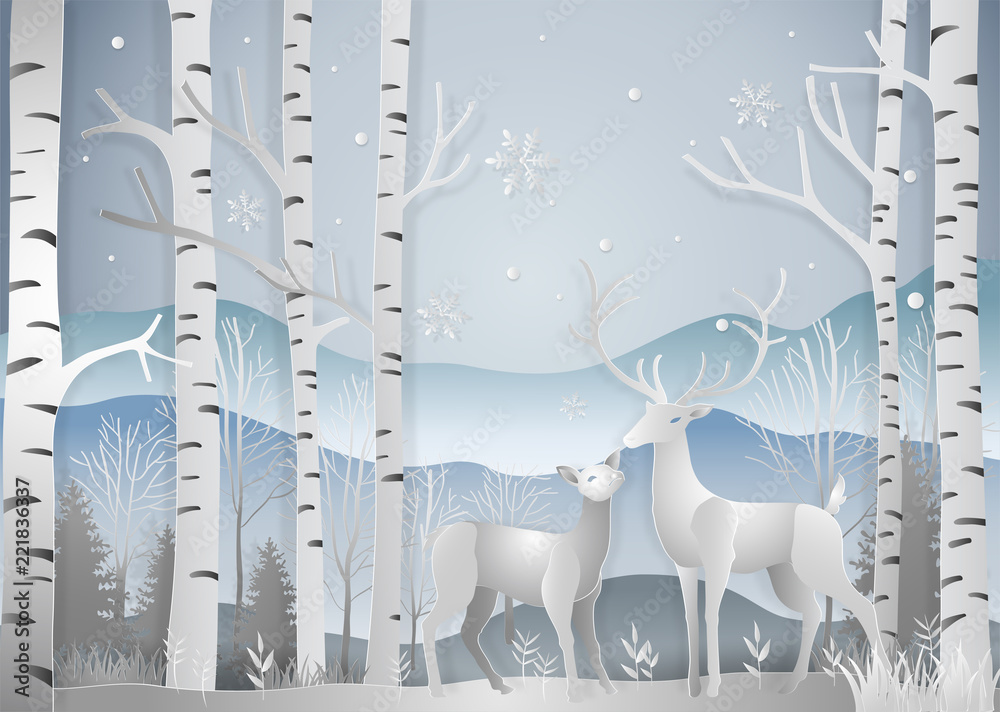Winter season, Deer in forest landscape with snowflakes and mountains background. paper art and digital craft style. Vector illustration.