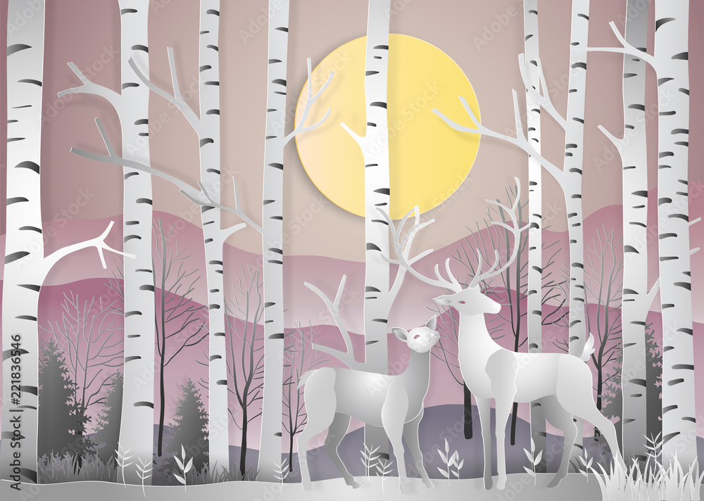 Deer in forest landscape at dawn with snowflakes and mountains background. paper art and digital craft style. Vector illustration.