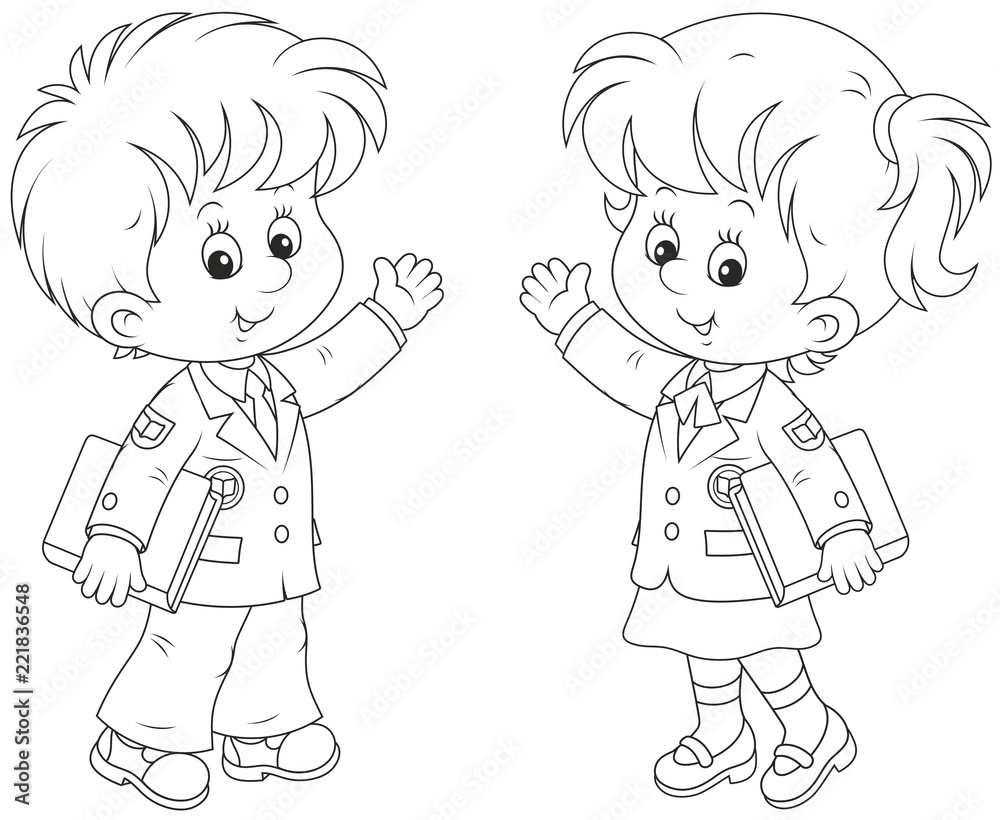 Schoolgirl and schoolboy holding textbooks and waving their hands in greeting, black and white vector illustration in a cartoon style Schoolgirl and schoolboy holding textbooks and waving their hands in greeting, black and white vector illustration in a cartoon style