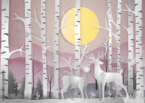 Deer in forest landscape at dawn with snowflakes and mountains background. paper art and digital craft style. Vector illustration. © Small Smiles_dimple