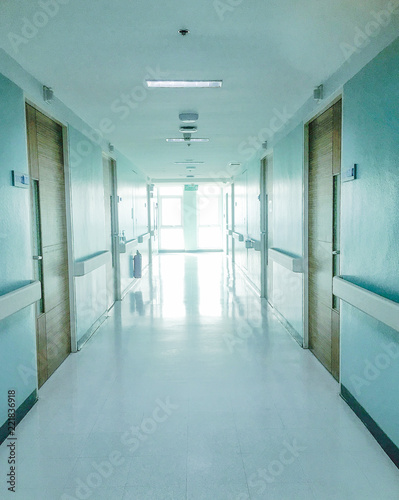 The hospital hallway in light blue color.
