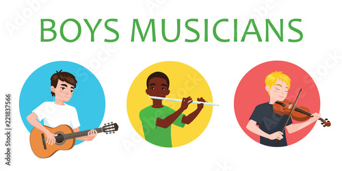 Musicians boys is inspired to play different musical instruments. Violinist, flutist, guitarist. Vector illustration in flat cartoon style in circle on white background for your design, print. Music.