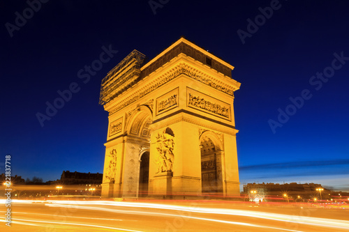 Beautiful night view of the Arc de Triomphe in Paris, France