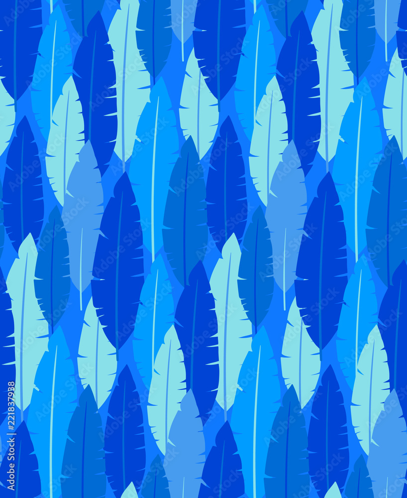 Seamless pattern with blue palm leaves. Repeated jungle leaves on the blue background. Vector summer pattern with tropical leaves. Sipmle background with leaves perfect for fabric, kids goods, cards